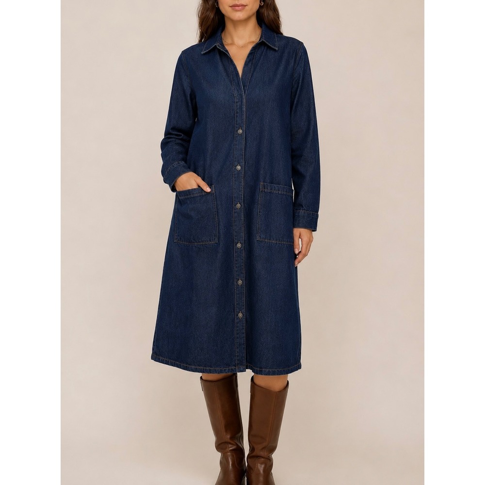 Bakkali Mode Denim Midi Shirt Dress Dark Wash Button Front Moroccan Approx M/L - Picture 3 of 8